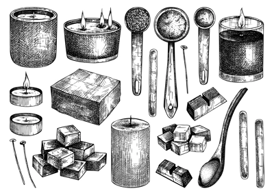 Hand-sketched aromatic candles ingredients collection. Vector illustrations of candles, wax, fragrance, color, skewers. Natural materials for aromatherapy, hobby, handcrafts, candle making.